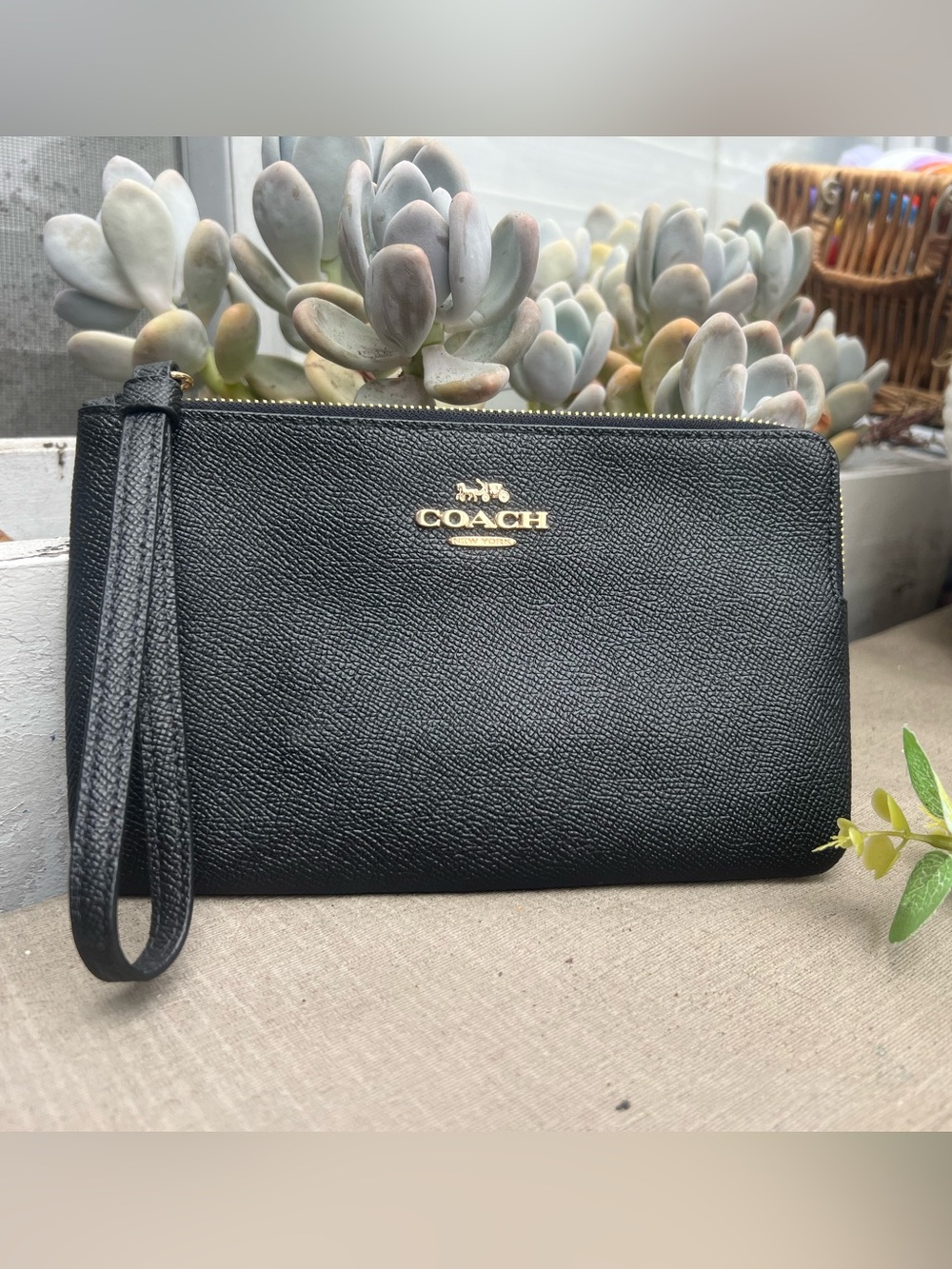 Coach Black Leather Wristlet with Gold Logo